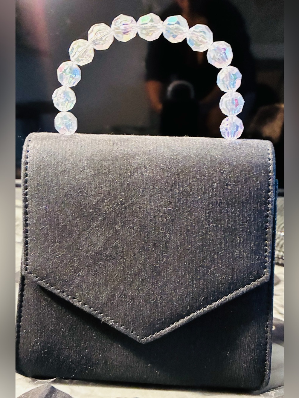 Black Mini Handbag with Crystal Bead Top Handle